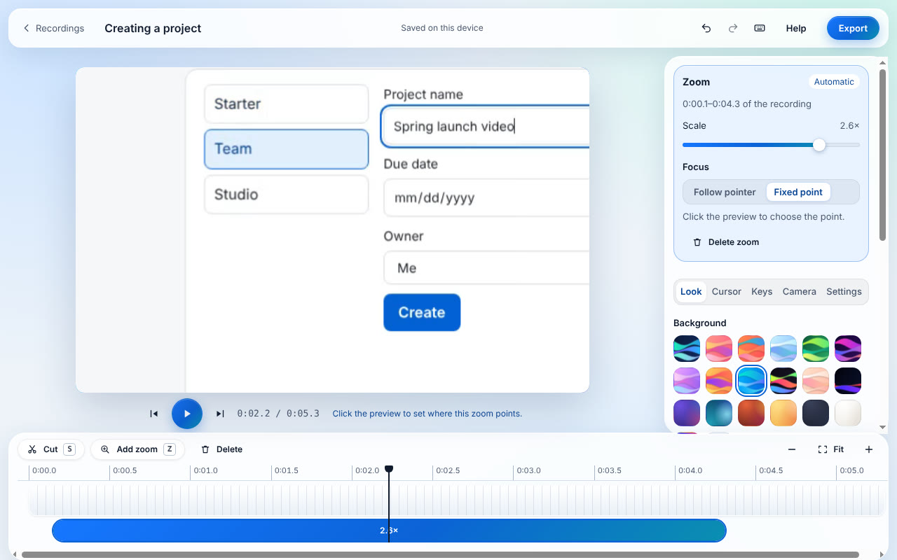 The Reframe editor: a preview of the recording with an automatic zoom selected on the timeline